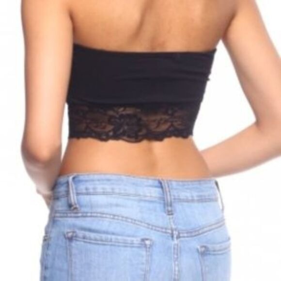 Black Lace Bandeau Top With Button Detail & Contrast Lace Trim - Picture 5 of 5